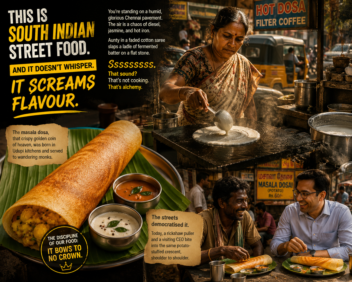 South Indian street food collage — Chennai aunty pouring dosa batter on a hot stone, with masala dosa, chutneys and street scene